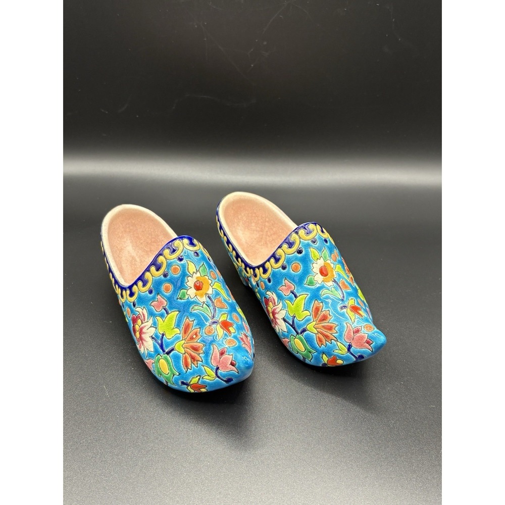 Vintage Pair Emaux de Longwy French Enamel Clogs, Hand Painted, c. 1940s -1960s